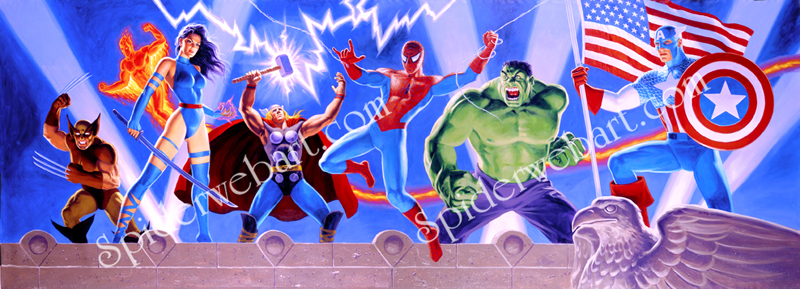 wolverin, human torch, psylocke, spiderman, thor, hulk, captain america