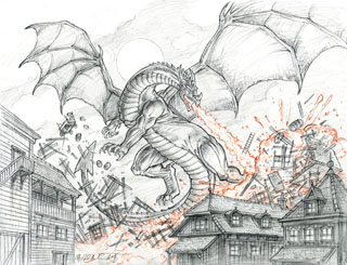 Smaug Destroys Laketown LOTR, Greg Hildebrandt