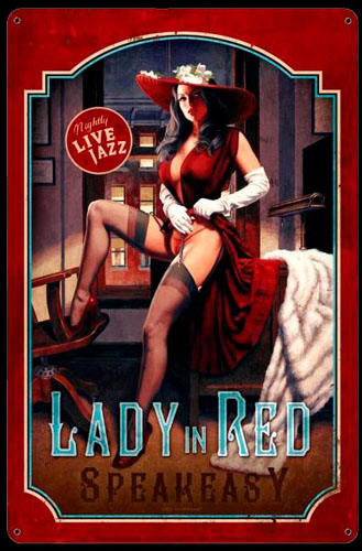 Lady In Red - Vintage Tin Sign, Greg Hildebrandt