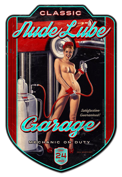 Nude Lube - Vintage Tin Sign - Shaped - Large, Greg Hildebrandt