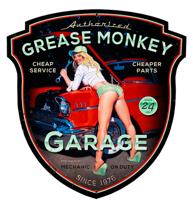 Grease Monkey - Vintage Tin Sign - Shaped XL, Greg Hildebrandt