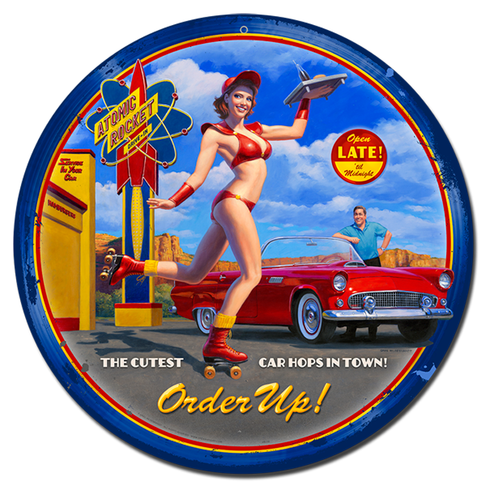 Car-Hop - Vintage Tin Sign - Round, Greg Hildebrandt