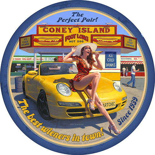 Foot Long - Vintage Tin Sign - Round, Greg Hildebrandt